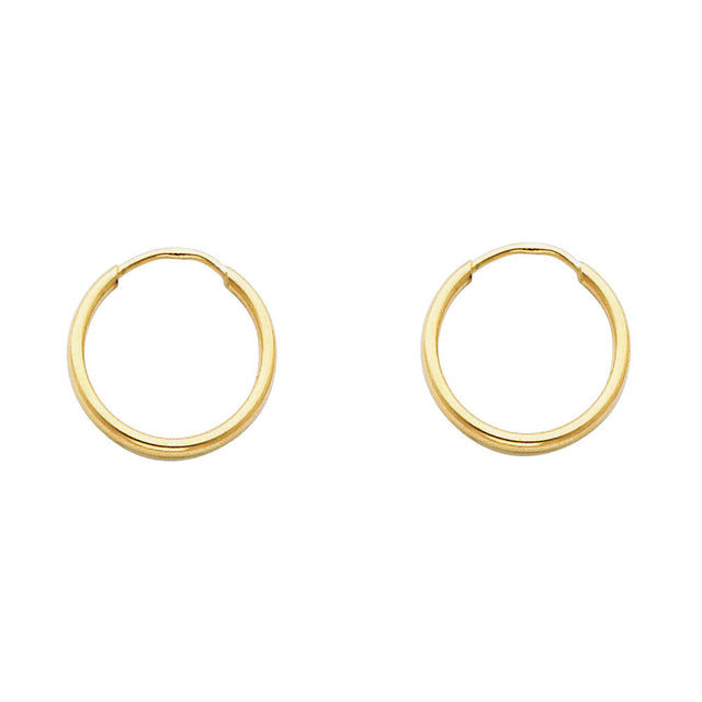 14K Yellow Gold Polished 1.5mm Round Tube Endless Hoop Earrings 15mm on White Background