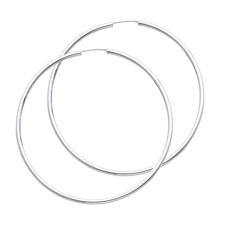 14K White Gold Polished 2mm Round Tube Endless Hoop Earrings 65mm on White Background
