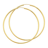 14K Yellow Gold Polished 2mm Round Tube Endless Hoop Earrings 65mm on White Background
