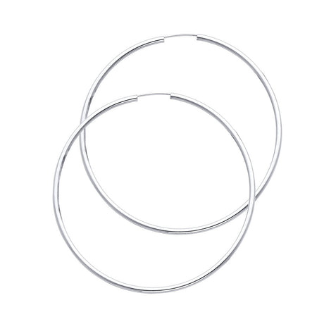 14K White Gold Polished 2mm Round Tube Endless Hoop Earrings 55mm on White Background