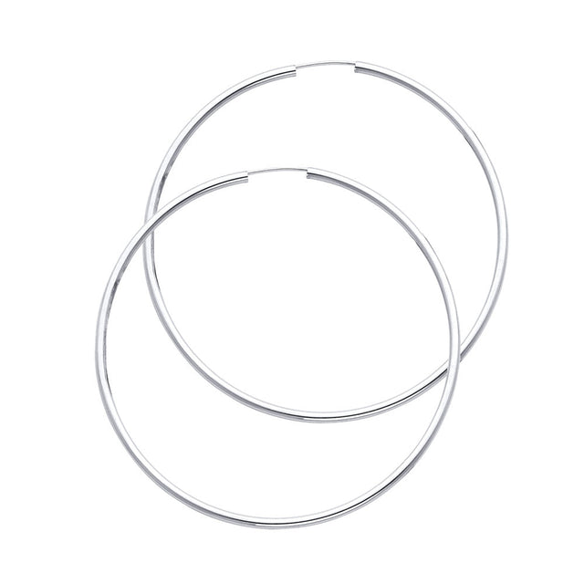 14K White Gold Polished 2mm Round Tube Endless Hoop Earrings 55mm on White Background
