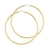 14K Yellow Gold Polished 2mm Round Tube Endless Hoop Earrings 55mm on White Background