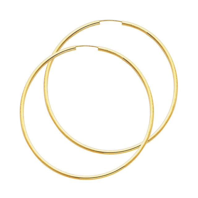 14K Yellow Gold Polished 2mm Round Tube Endless Hoop Earrings 55mm on White Background
