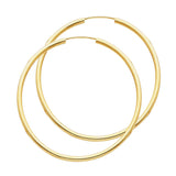 14K Yellow Gold Polished 2mm Round Tube Endless Hoop Earrings 45mm on White Background