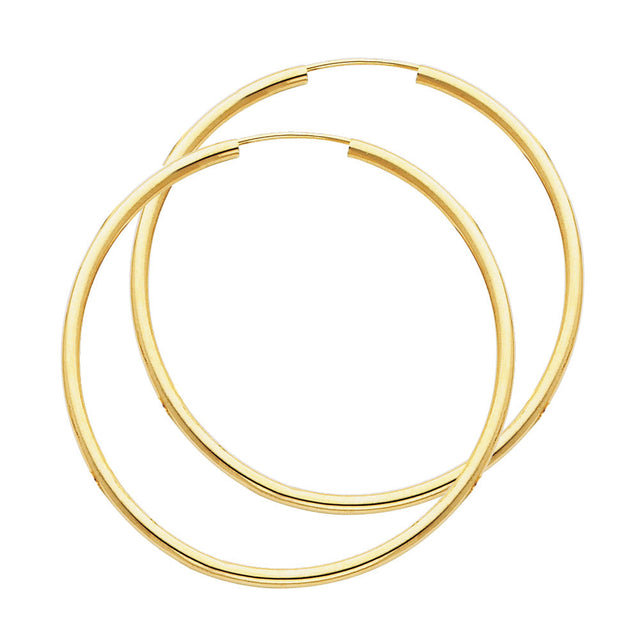 14K Yellow Gold Polished 2mm Round Tube Endless Hoop Earrings 45mm on White Background