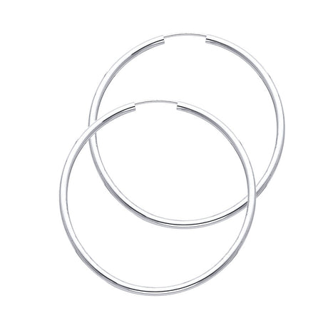14K White Gold Polished 2mm Round Tube Endless Hoop Earrings 35mm on White Background