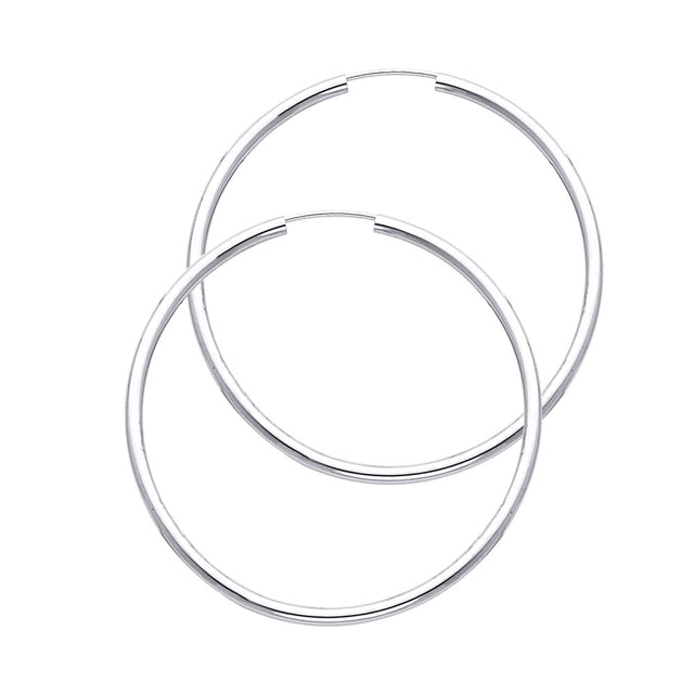 14K White Gold Polished 2mm Round Tube Endless Hoop Earrings 35mm on White Background