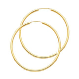 14K Yellow Gold Polished 2mm Round Tube Endless Hoop Earrings 35mm on White Background