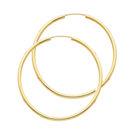 14K Yellow Gold Polished 2mm Round Tube Endless Hoop Earrings 35mm on White Background