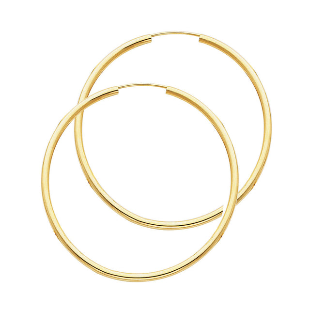 14K Yellow Gold Polished 2mm Round Tube Endless Hoop Earrings 35mm on White Background
