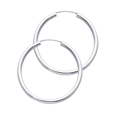 14K White Gold Polished 2mm Round Tube Endless Hoop Earrings 30mm on White Background