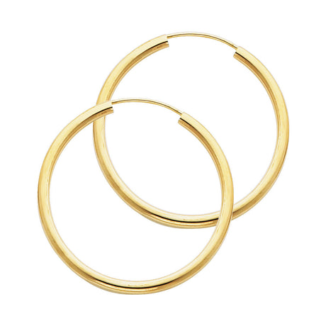 14K Yellow Gold Polished 2mm Round Tube Endless Hoop Earrings 30mm on White Background