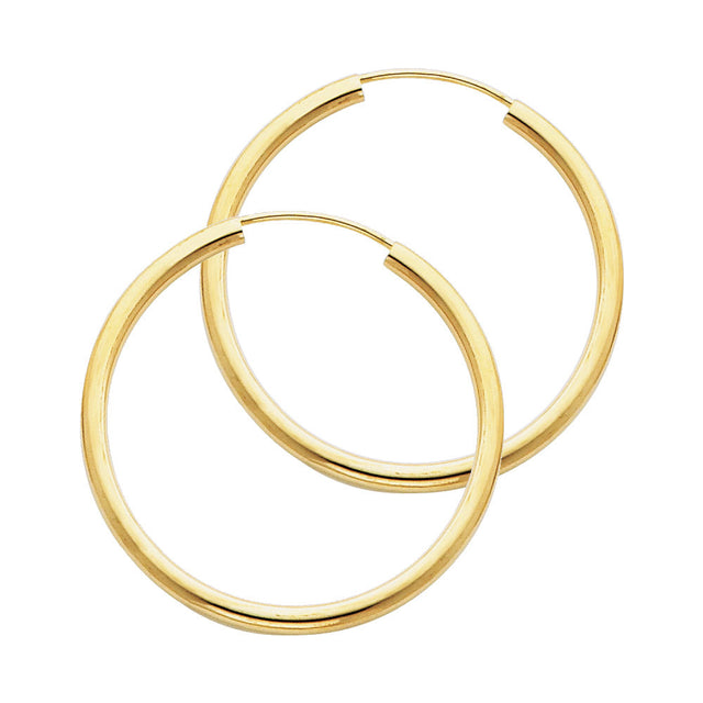 14K Yellow Gold Polished 2mm Round Tube Endless Hoop Earrings 30mm on White Background