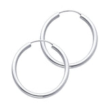 14K White Gold Polished 2mm Round Tube Endless Hoop Earrings 25mm on White Background