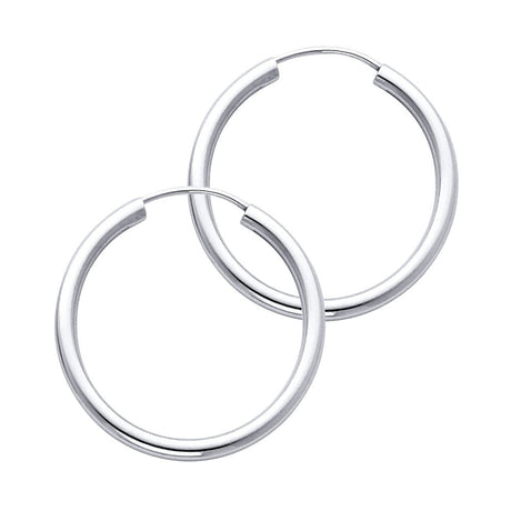 14K White Gold Polished 2mm Round Tube Endless Hoop Earrings 25mm on White Background