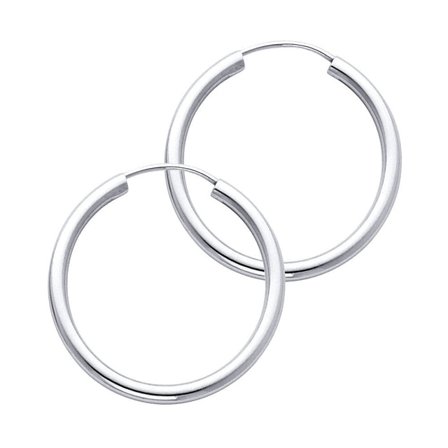 14K White Gold Polished 2mm Round Tube Endless Hoop Earrings 25mm on White Background