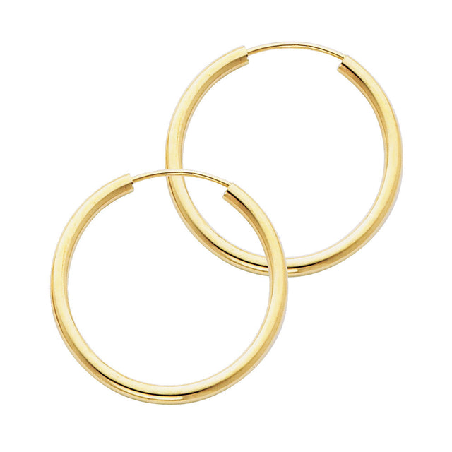 14K Yellow Gold Polished 2mm Round Tube Endless Hoop Earrings 25mm on White Background