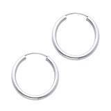 14K White Gold Polished 2mm Round Tube Endless Hoop Earrings 20mm on White Background