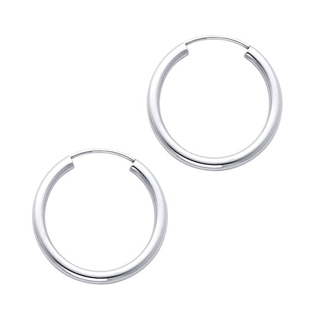 14K White Gold Polished 2mm Round Tube Endless Hoop Earrings 20mm on White Background