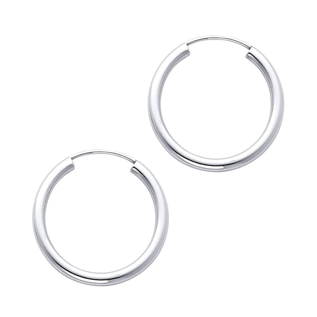 14K White Gold Polished 2mm Round Tube Endless Hoop Earrings 20mm on White Background