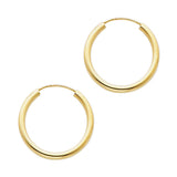 14K Yellow Gold Polished 2mm Round Tube Endless Hoop Earrings 20mm on White Background
