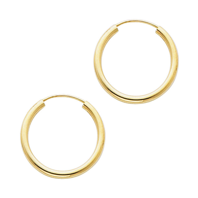 14K Yellow Gold Polished 2mm Round Tube Endless Hoop Earrings 20mm on White Background