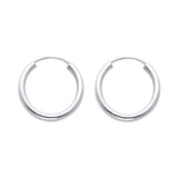 14K White Gold Polished 2mm Round Tube Endless Hoop Earrings 17mm on White Background