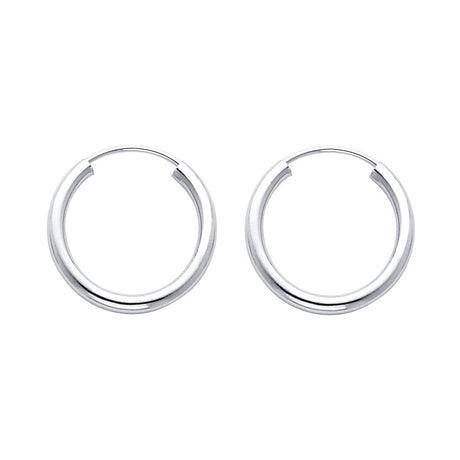 14K White Gold Polished 2mm Round Tube Endless Hoop Earrings 17mm on White Background