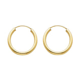 14K Yellow Gold Polished 2mm Round Tube Endless Hoop Earrings 17mm on White Background