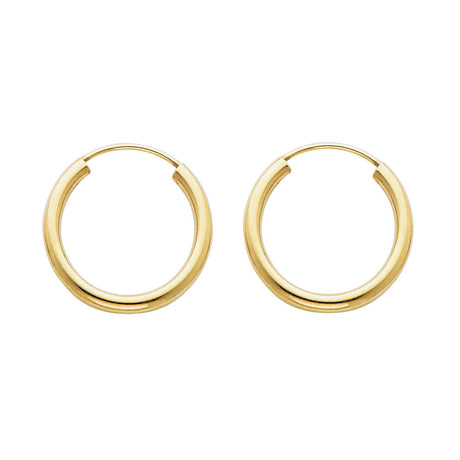 14K Yellow Gold Polished 2mm Round Tube Endless Hoop Earrings 17mm on White Background
