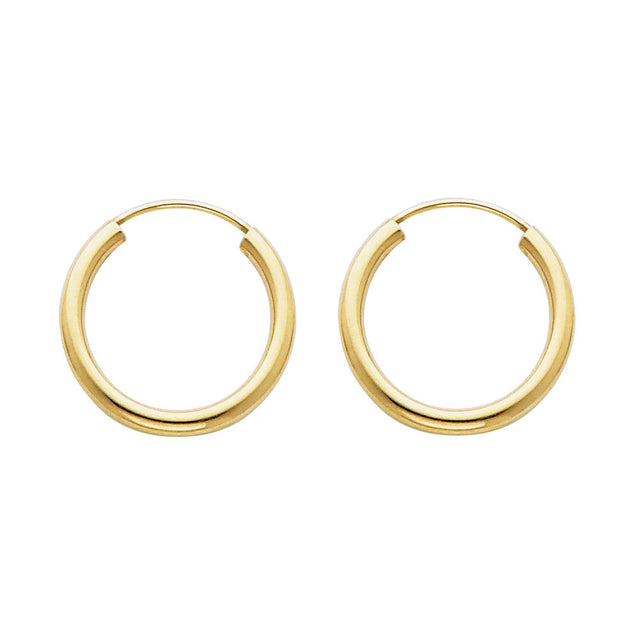 14K Yellow Gold Polished 2mm Round Tube Endless Hoop Earrings 17mm on White Background