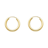 14K Yellow Gold Polished 2mm Round Tube Endless Hoop Earrings 15mm on White Background