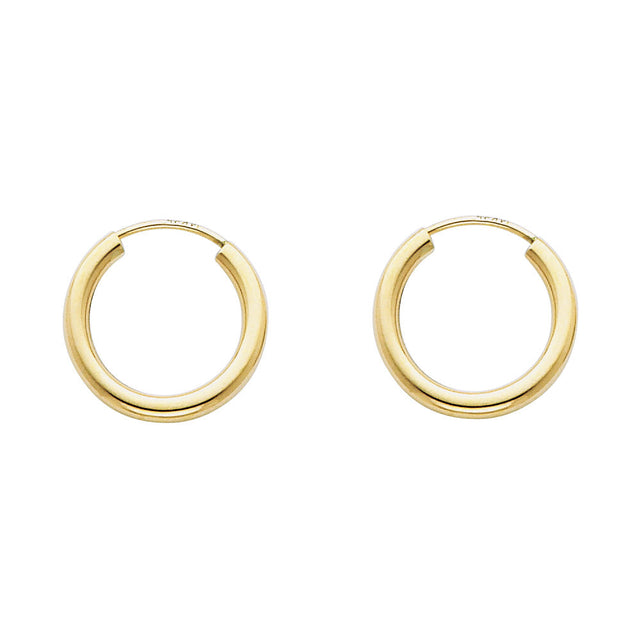 14K Yellow Gold Polished 2mm Round Tube Endless Hoop Earrings 15mm on White Background