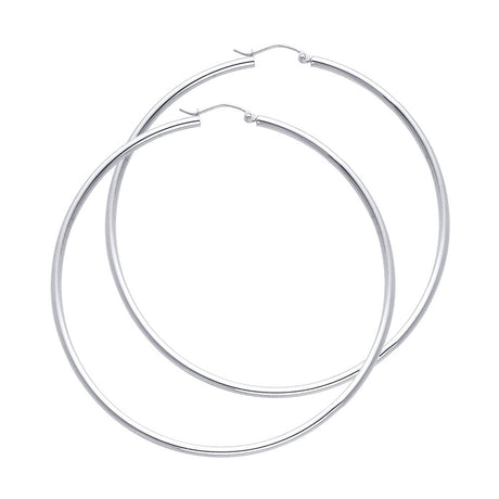 14K White Gold 2mm Polished Round Tube Hoop Earrings - 65mm
