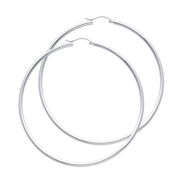 14K White Gold 2mm Polished Round Tube Hoop Earrings - 65mm