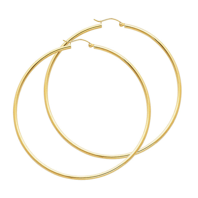 14K Yellow Gold 2mm Polished Round Tube Hoop Earrings - 65mm