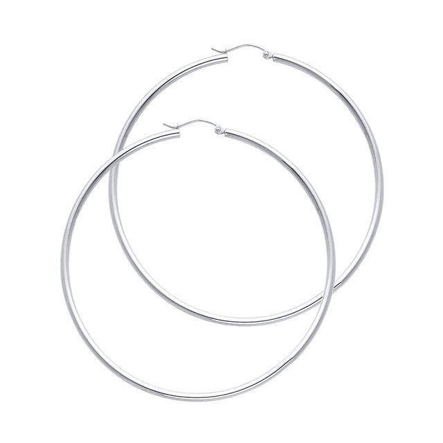 14K White Gold 2mm Polished Round Tube Hoop Earrings - 55mm