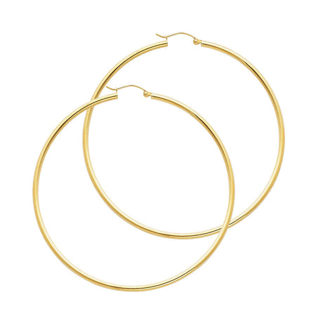 14K Yellow Gold 2mm Polished Round Tube Hoop Earrings - 55mm