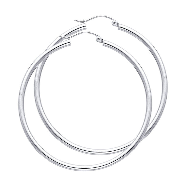 14K White Gold 2mm Polished Round Tube Hoop Earrings - 45mm
