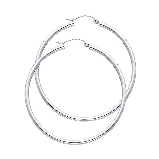 14K White Gold 2mm Polished Round Tube Hoop Earrings - 35mm