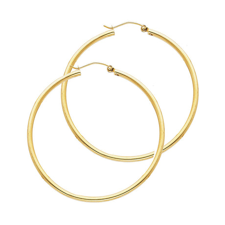 14K Yellow Gold 2mm Polished Round Tube Hoop Earrings - 35mm