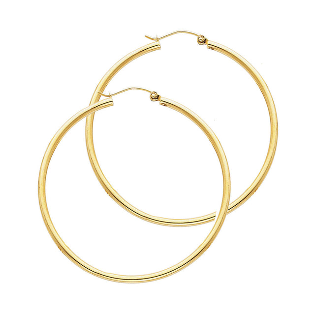 14K Yellow Gold 2mm Polished Round Tube Hoop Earrings - 35mm
