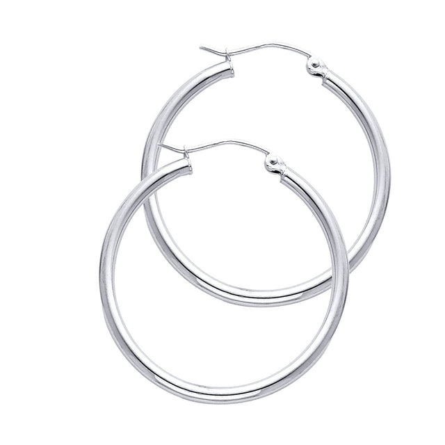 14K White Gold 2mm Polished Round Tube Hoop Earrings - 30mm