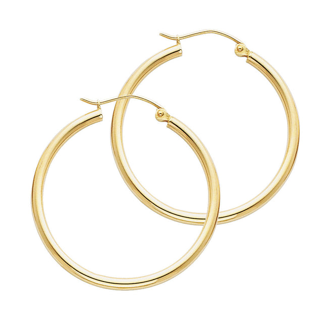 14K Yellow Gold 2mm Polished Round Tube Hoop Earrings - 30mm