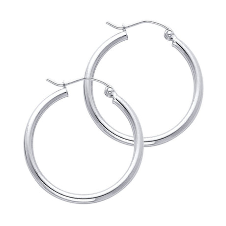 14K White Gold 2mm Polished Round Tube Hoop Earrings - 25mm
