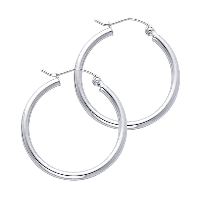 14K White Gold 2mm Polished Round Tube Hoop Earrings - 25mm
