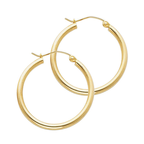 14K Yellow Gold 2mm Polished Round Tube Hoop Earrings - 25mm