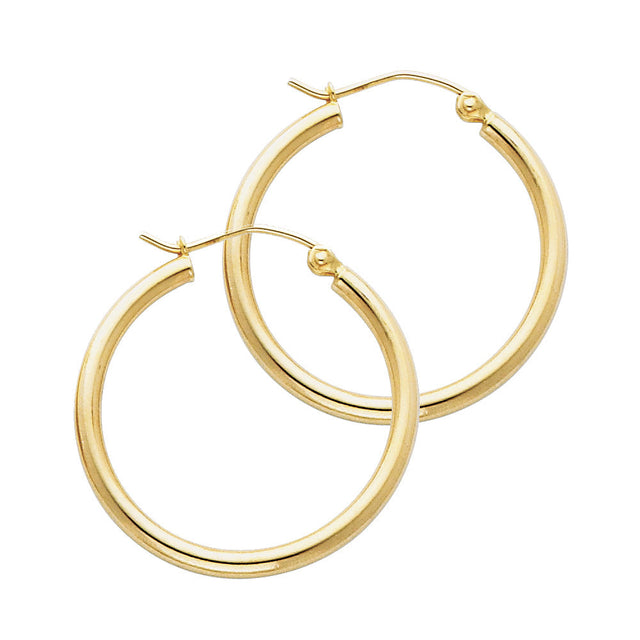 14K Yellow Gold 2mm Polished Round Tube Hoop Earrings - 25mm