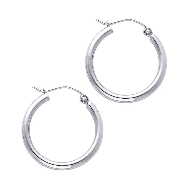 14K White Gold 2mm Polished Round Tube Hoop Earrings - 20mm