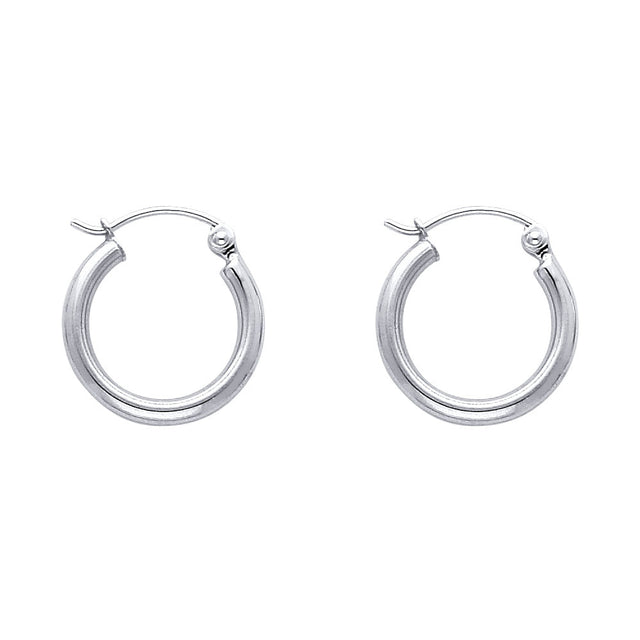 14K White Gold 2mm Polished Round Tube Hoop Earrings - 15mm